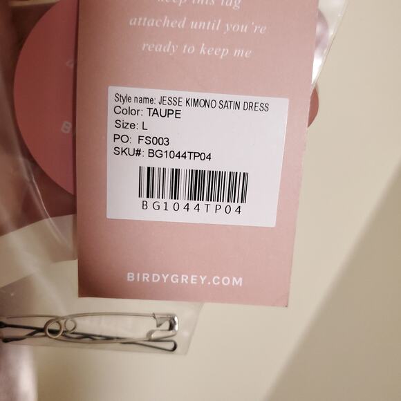 NWT BIRDY GREY Satin Champaign Bridesmaid Jesse Kimono Taupe Dress Formal Gown - Picture 7 of 13